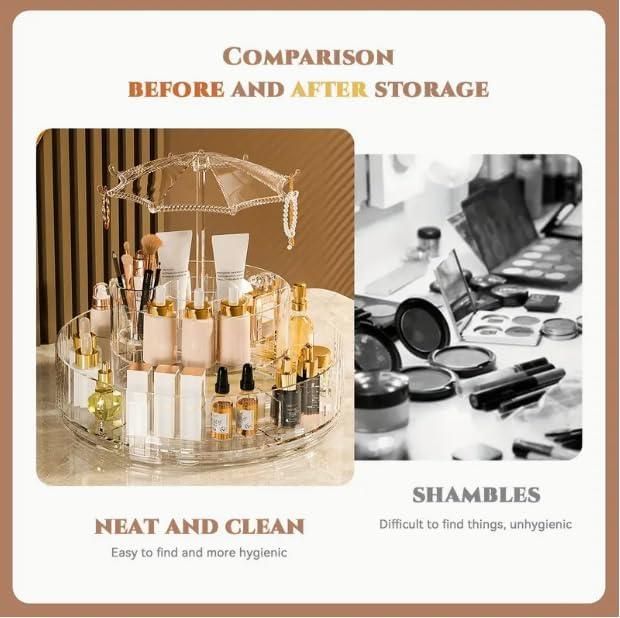 Round Dust-Proof Transparent 2-Layer Rotating Cosmetic Organizer | 360° Umbrella-Shaped Makeup & Skincare Storage Rack (Pack of 1)